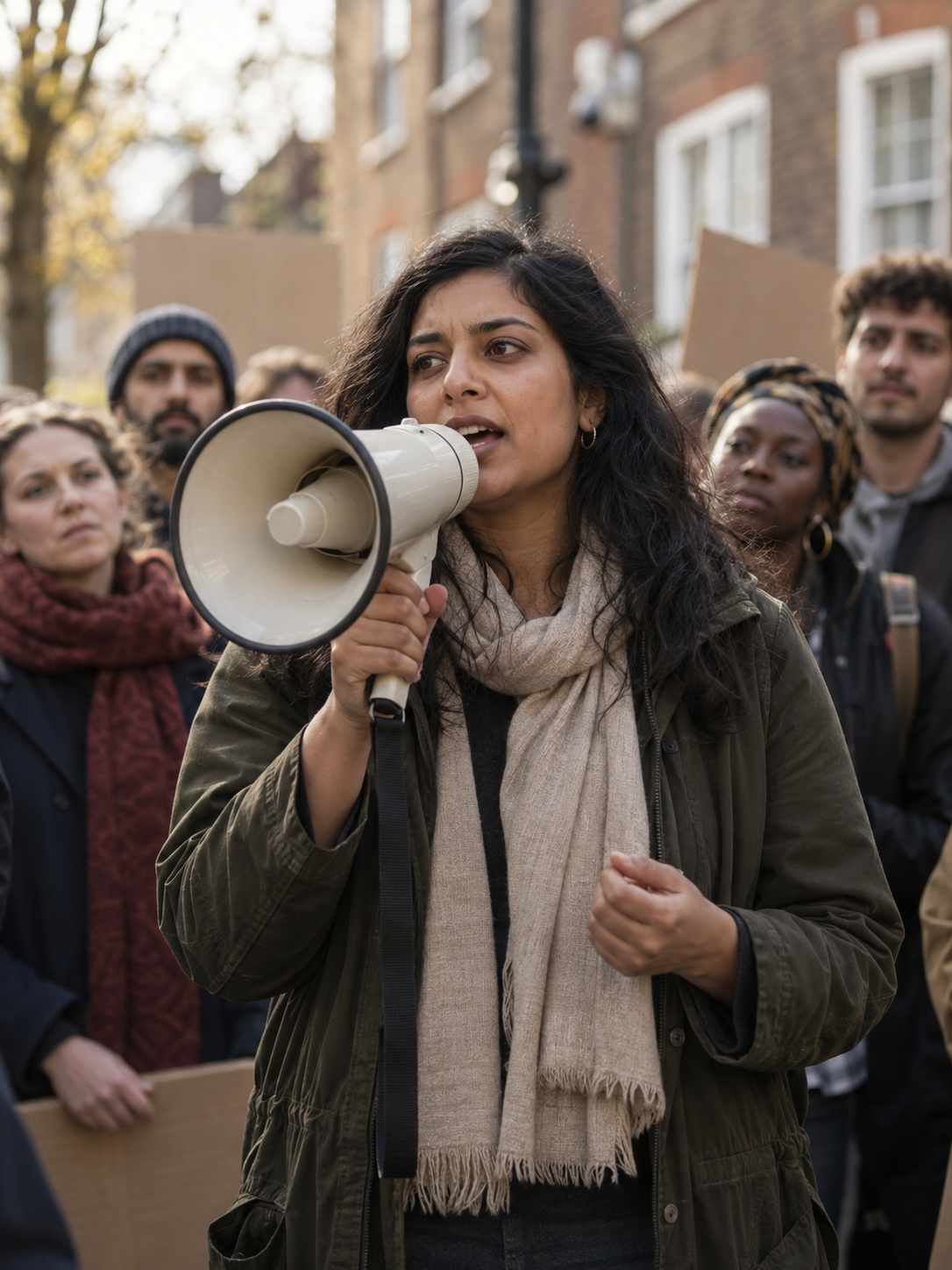 A campaigner speaks through a megaphone with supporters at a peaceful street demonstration