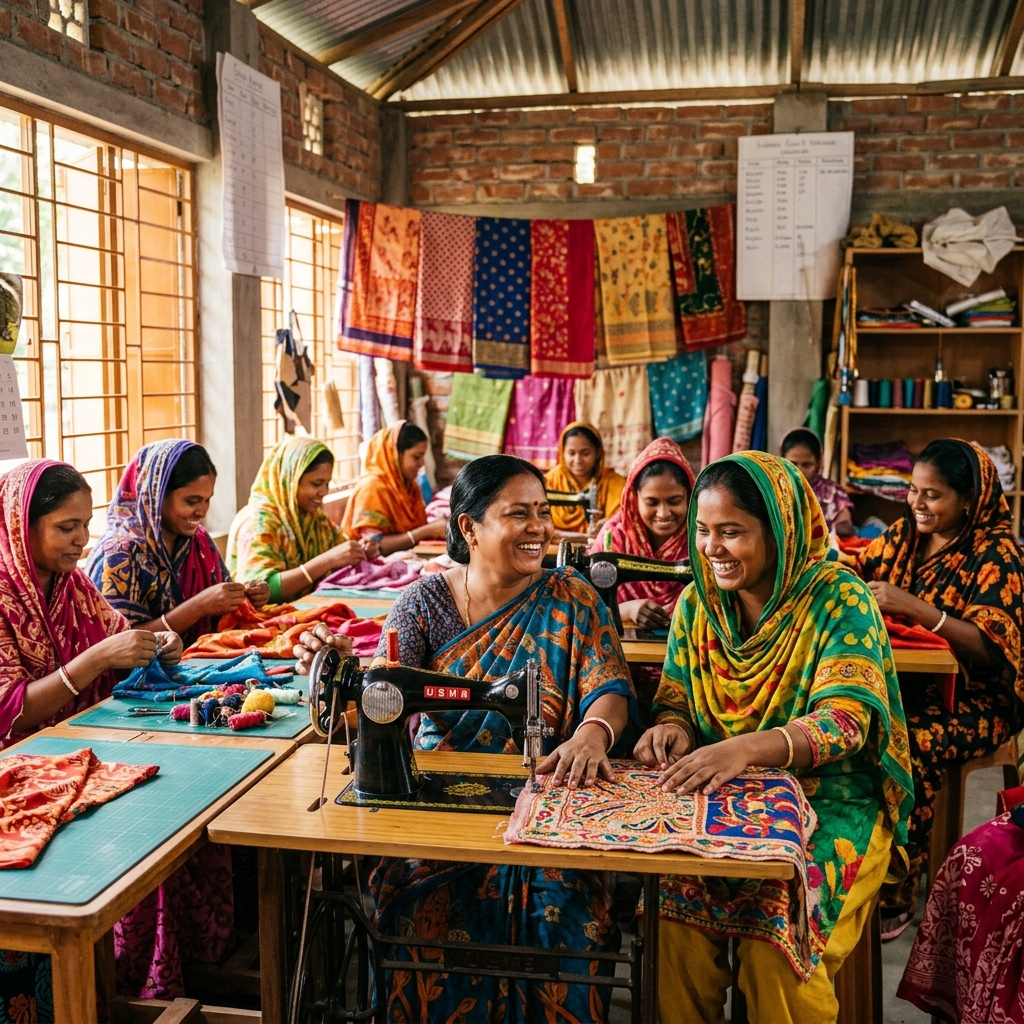 Women working at sewing machines in a vocational training workshop