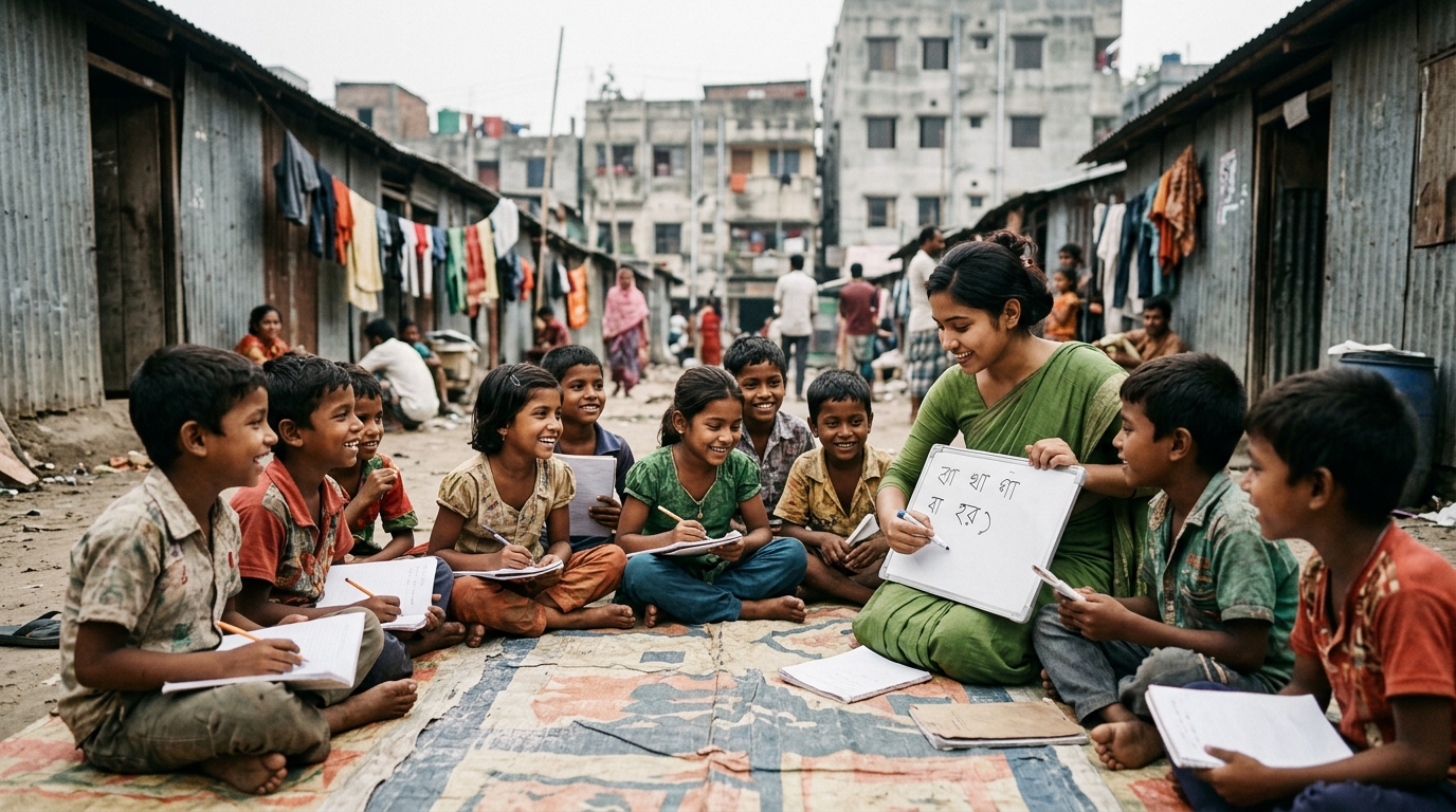 A teacher leads an open-air literacy lesson for children sitting on a mat between corrugated-iron homes