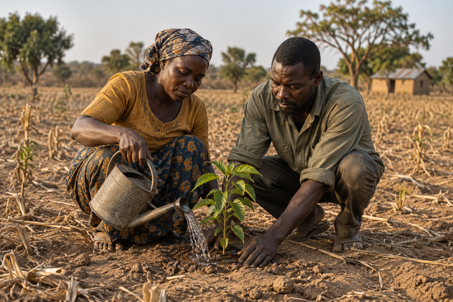 Two community members water a young tree in a dry field in West Africa
