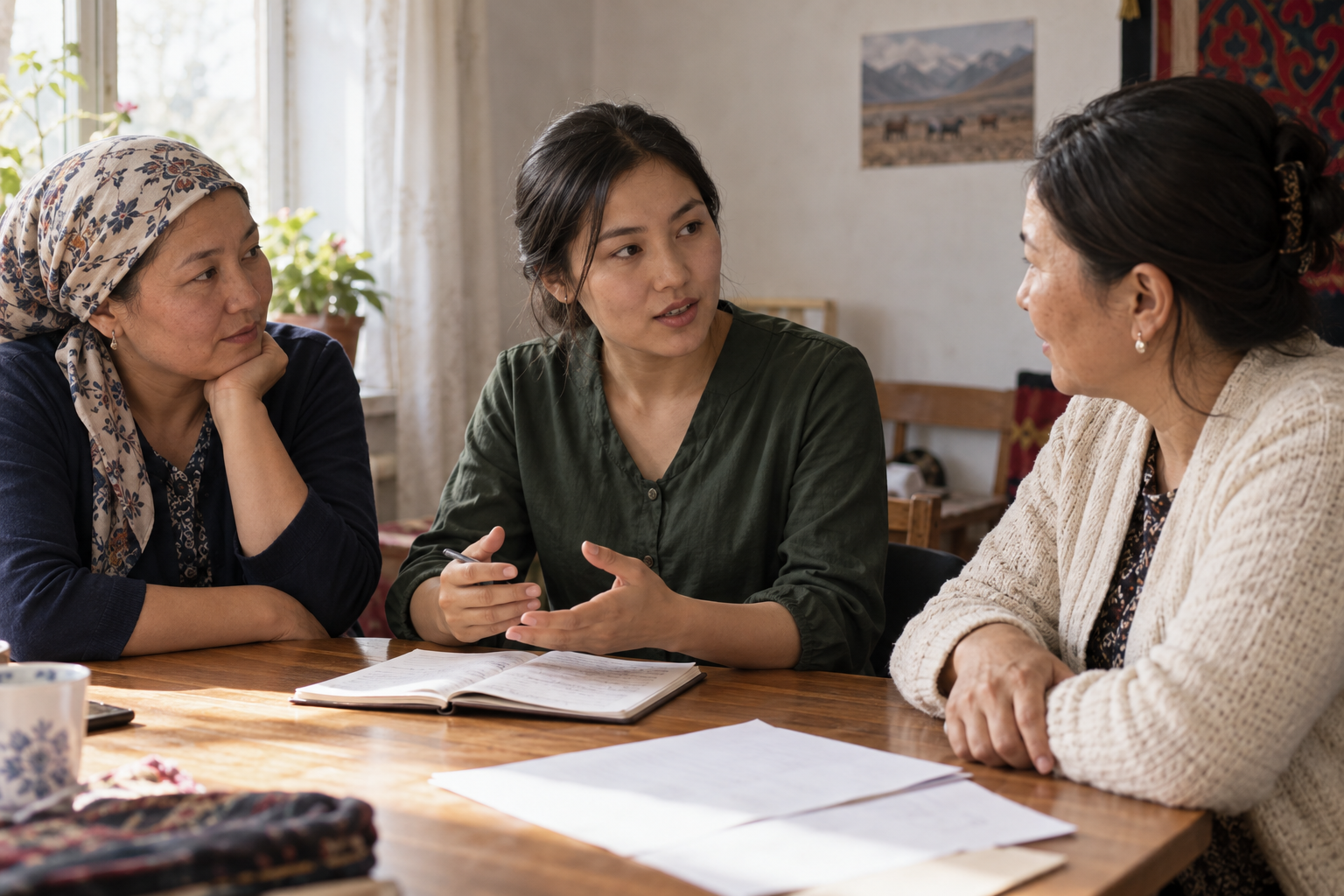 Three women discuss community organising around a table in Kyrgyzstan