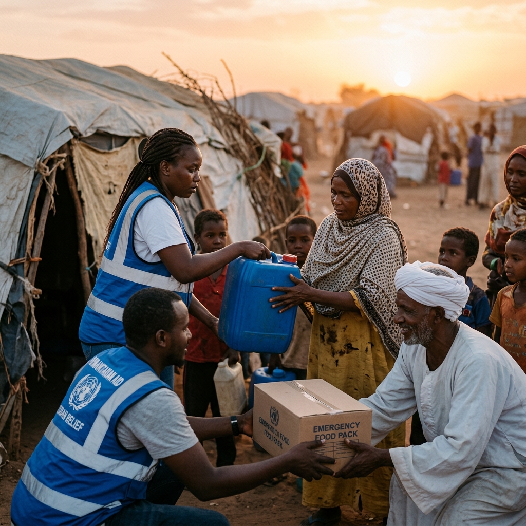 Aid workers pass water containers and an emergency food parcel to displaced families at sunset